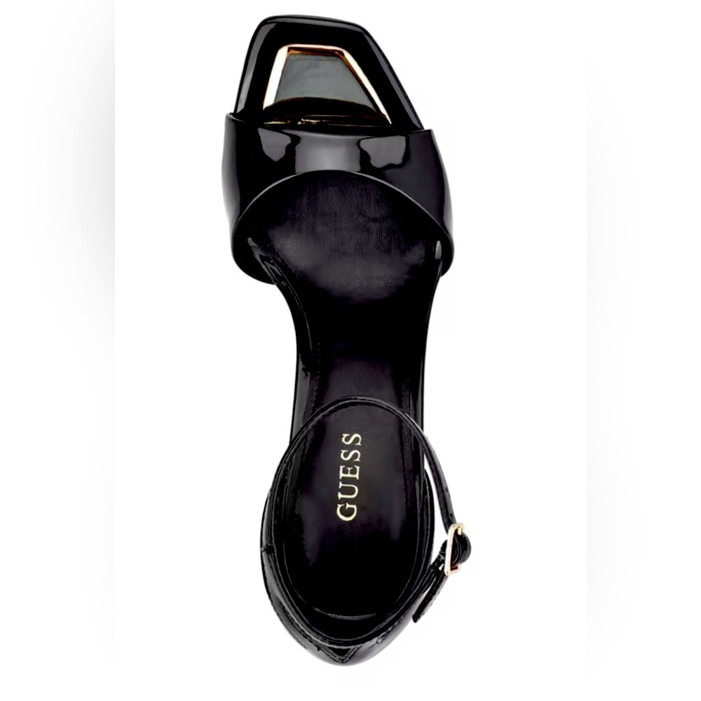 GUESS Divine Heeled Dress Sandals Size 10 M in Black Gold Leather AUTHENTIC NEW - Picture 4 of 5